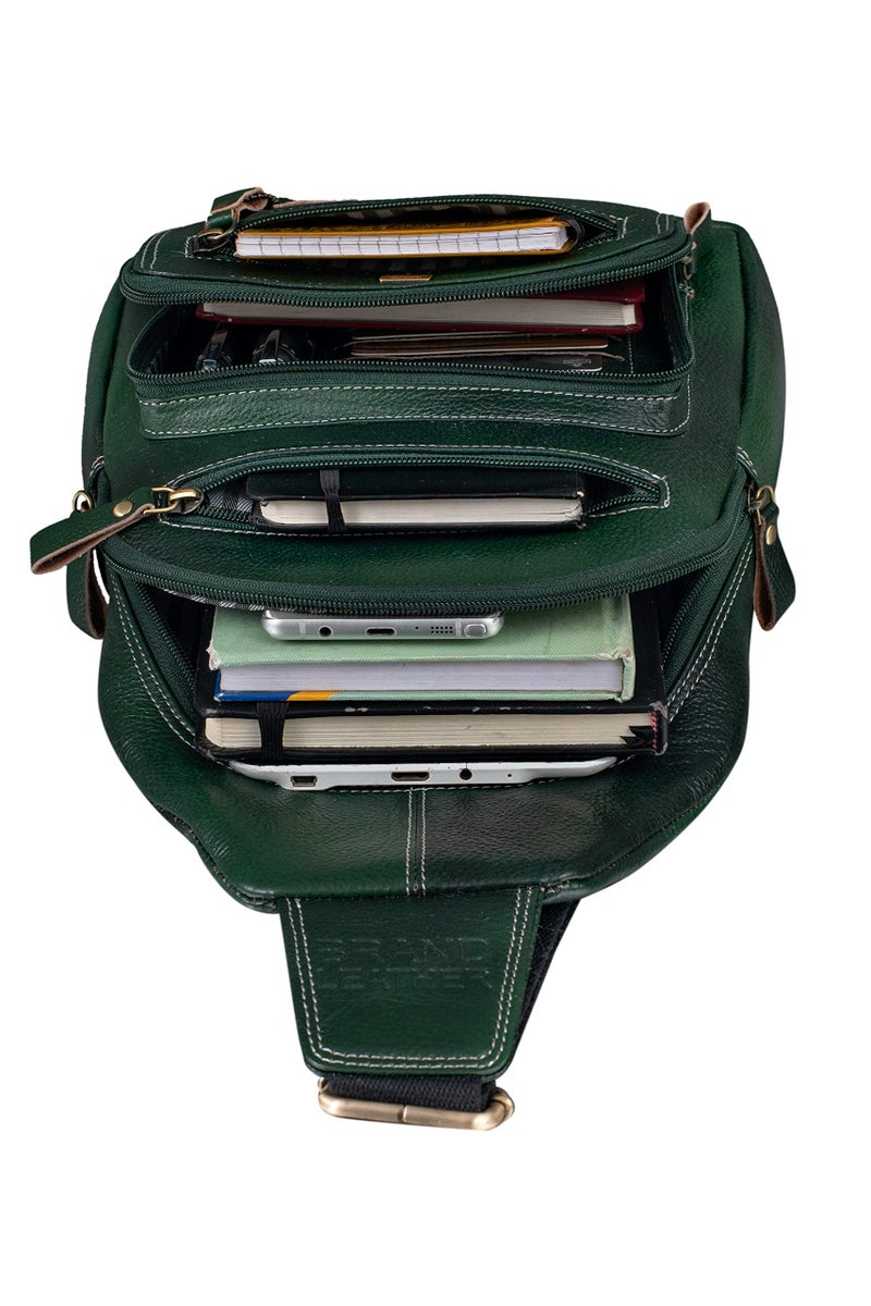 BRAND LEATHER Genuine Leather Sling Bag Casual Shoulder Daypacks For Men's (Green), Large, 10 Litres - Image 5