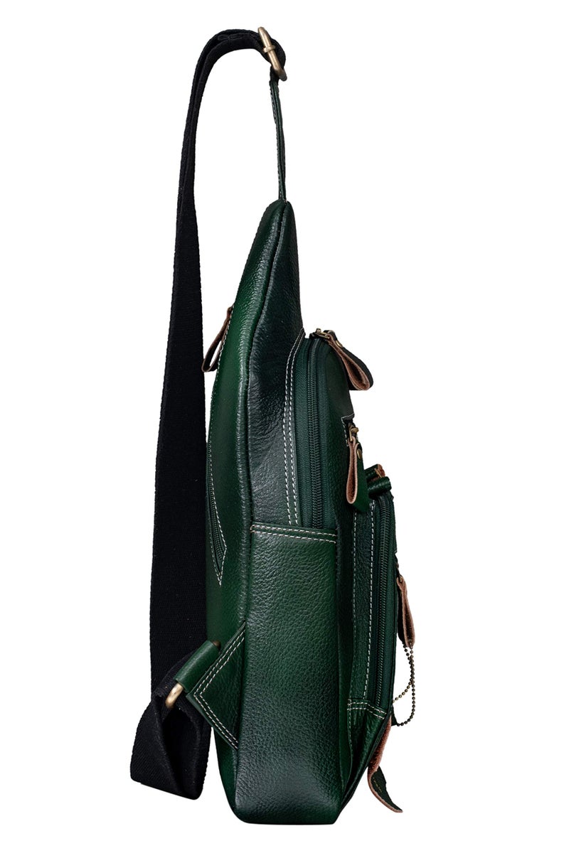 BRAND LEATHER Genuine Leather Sling Bag Casual Shoulder Daypacks For Men's (Green), Large, 10 Litres - Image 3