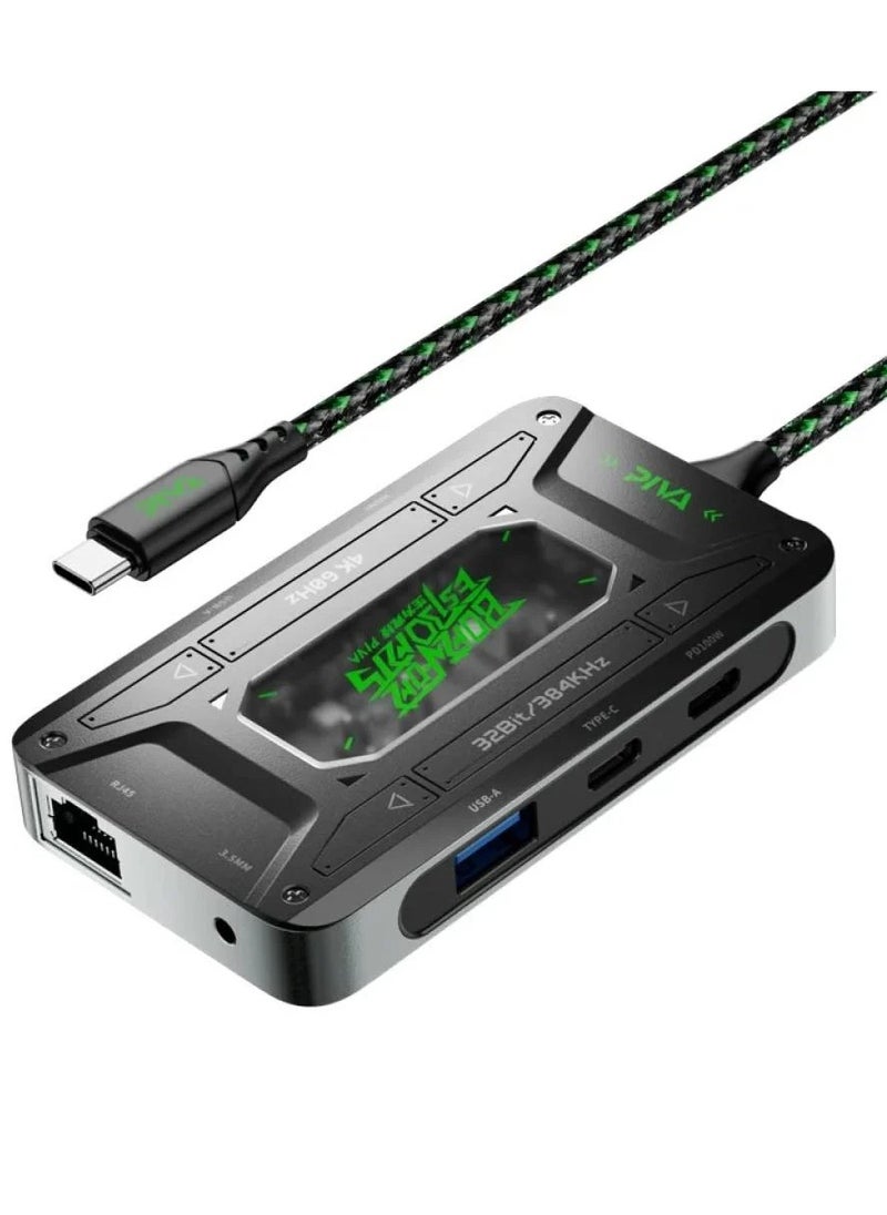 piva PIVA DS7 Type-C 7-Port USB 3.1 Gen 1 Audio Adapter Built-in 32-Bit Sound Card 100W Fast Charging Two Type-C Ports (one for headphones and the other for charging) Ethernet Port HDMI Port USB 3.1 Gen 1 5120Mbps Cable 40cm long and made of durable fabric  - Image 1
