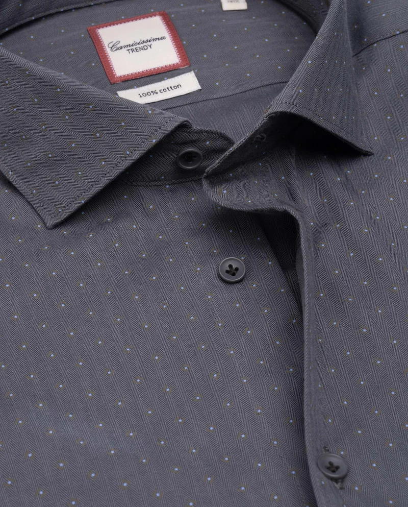 كاميتشسما Trendy Dark Grey Printed Herringbone Extra Slim Fitted Shirt