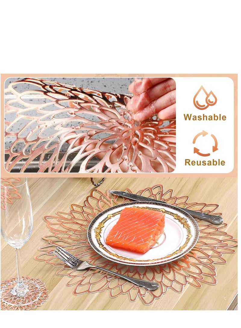 KASTWAVE Round Placemats Set of 6 for Dinner Table Hollow-Out Vinyl Place Mats Vinyl Round Placemats Laminated Plastic Morden Dining Table Decoration for Kitchen Table Decor (Rose Gold) - Image 3