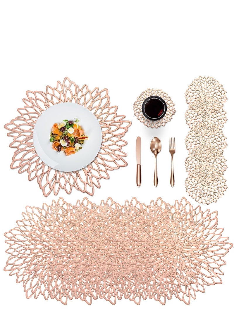 KASTWAVE Round Placemats Set of 6 for Dinner Table Hollow-Out Vinyl Place Mats Vinyl Round Placemats Laminated Plastic Morden Dining Table Decoration for Kitchen Table Decor (Rose Gold) - Image 1