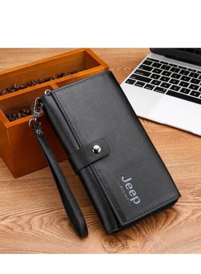 Jeep Men Black Snap Button Long Wallet Multi-function Zipper Clutch