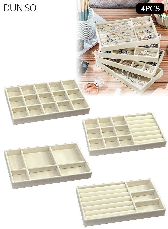 DUNISO Stackable Jewelry Holder Drawer Insert with Compartment Velvet Tray, Closet Drawer Accessories Tray Set of 4 Drawer Organizer for Earring, Ring, Gadgets & Cosmetics, Display Organizer Necklace Storage Showcase Bracelet Removable Tray - Image 1