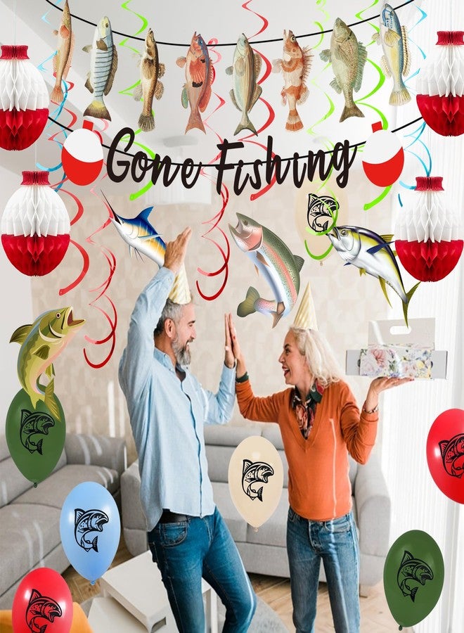 KDPATFAV مجموعة ديكورات حفلات Gone Fishing تتضمن لافتة معلقة وبالونات دوارة (Gone Fishing) - Image 3