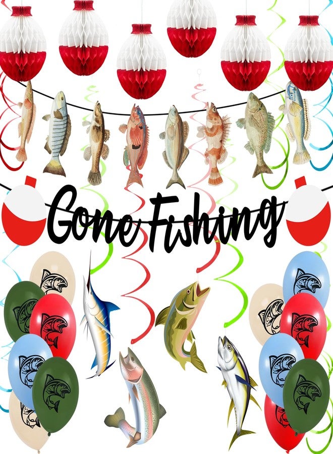 KDPATFAV مجموعة ديكورات حفلات Gone Fishing تتضمن لافتة معلقة وبالونات دوارة (Gone Fishing) - Image 1