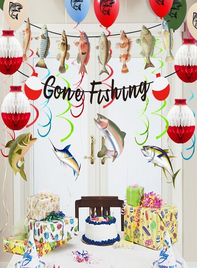 KDPATFAV مجموعة ديكورات حفلات Gone Fishing تتضمن لافتة معلقة وبالونات دوارة (Gone Fishing) - Image 5