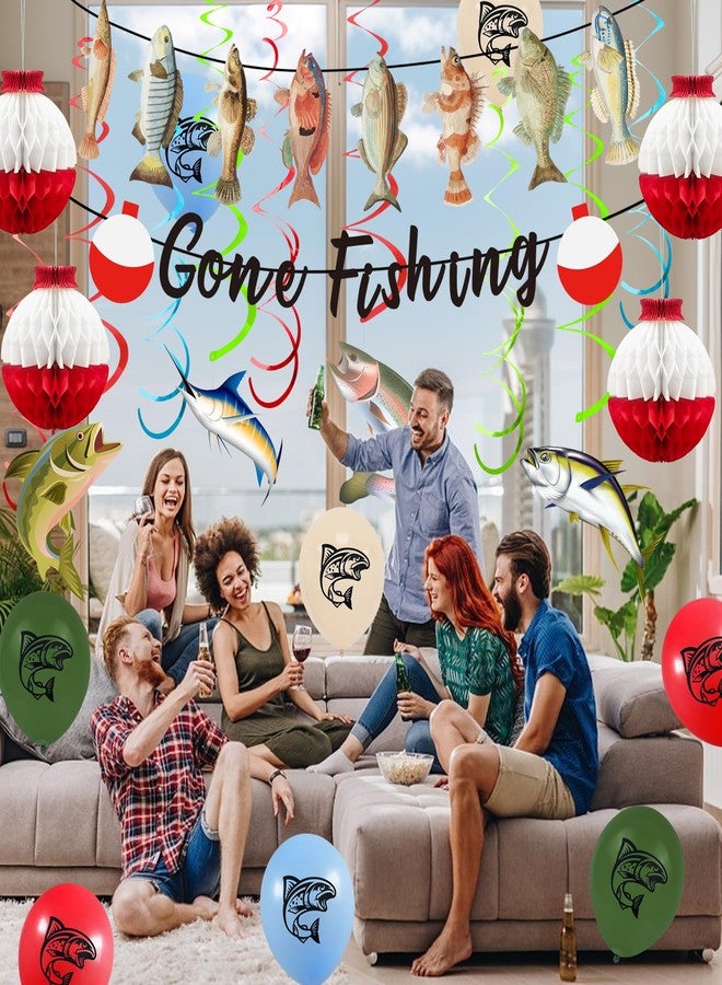 KDPATFAV مجموعة ديكورات حفلات Gone Fishing تتضمن لافتة معلقة وبالونات دوارة (Gone Fishing) - Image 4