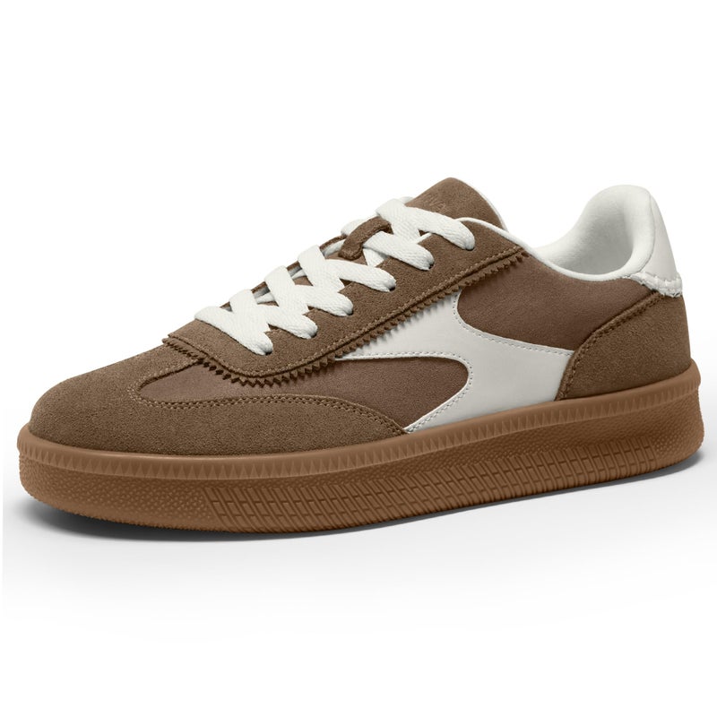 Vilanva Women's Fashion Sneakers Casual Tennis Shoes with Genuine Suede Classic Retro Gum Sole Walking Trendy Footwear Dark Taupe Multi - Image 1