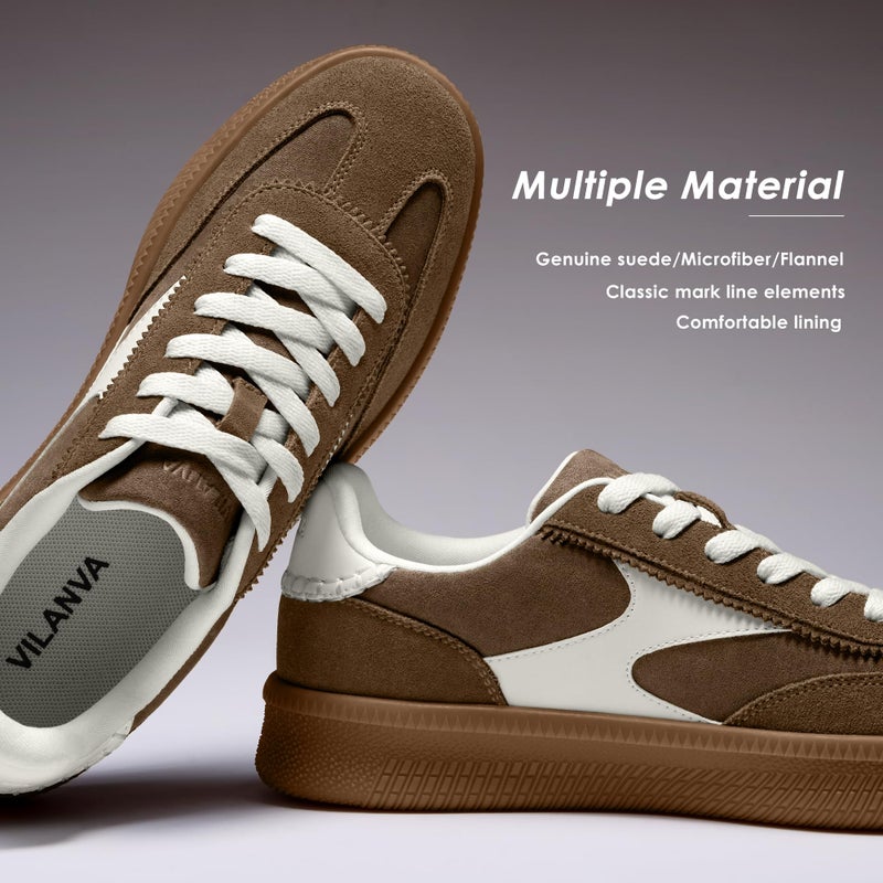 Vilanva Women's Fashion Sneakers Casual Tennis Shoes with Genuine Suede Classic Retro Gum Sole Walking Trendy Footwear Dark Taupe Multi - Image 4