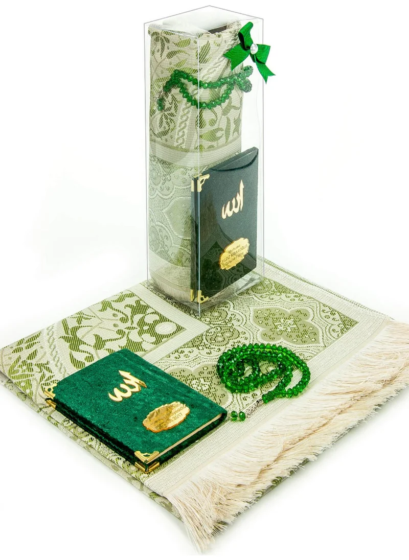 İhvan Online 10 Piece Gift Special Set - Velvet Covered Book of Yasin - Pocket Size - Personalized Plate - Prayer Mat - With Prayer Beads - Boxed - Green