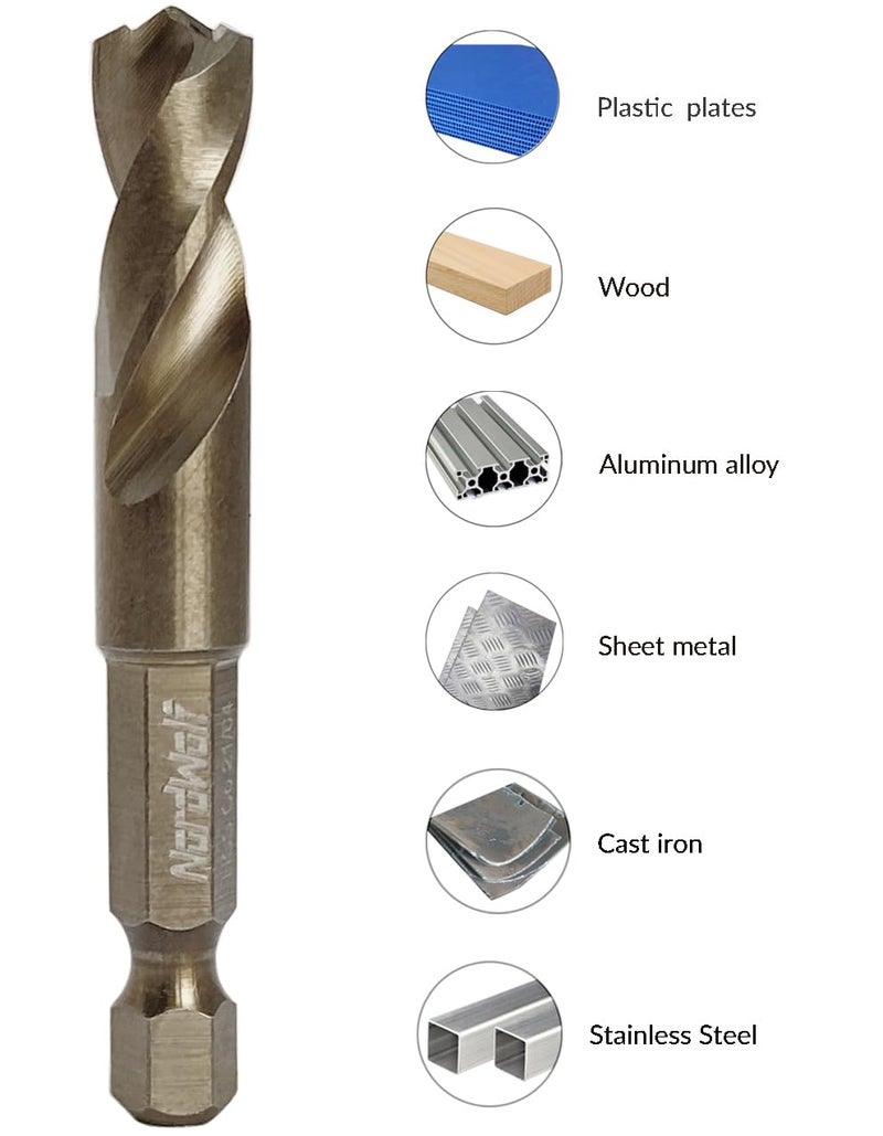 NordWolf 21/64" M35 Cobalt Stubby Drill Bit for Stainless Steel & Hard Metals, with 1/4" Hex Shank for Quick Chucks & Impact Drivers - Image 2