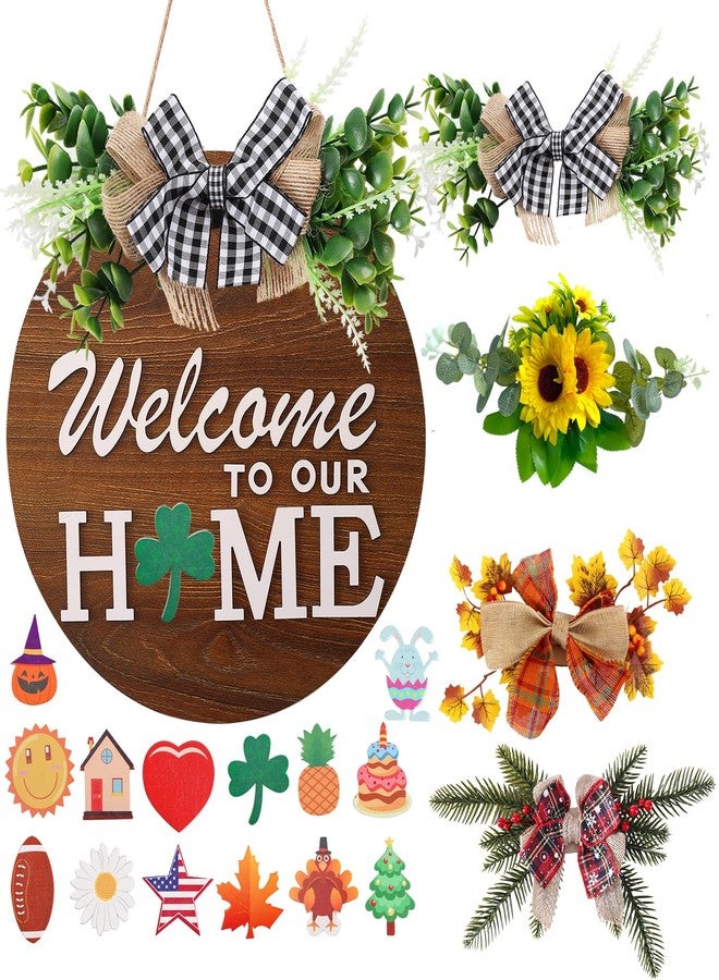 HOMCDALY Interchangeable Welcome Sign for Front Door Decoration with 4 Seasonal Wreaths and 14 Holiday Icons, Black Welcome Door Hanger, Rustic Wooden Welcome Front Door Sign Home décor（Black） - Image 1