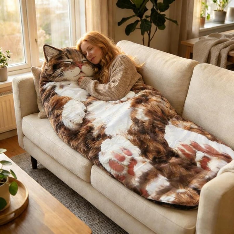 Plush Cat Envelope Sleeping Bag 69x31.5 Inch for Camping Washable Soft Warm Blanket Lounge - Image 1