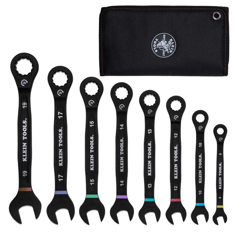 Klein Tools 69408MG Ratcheting Combination Wrench Set Metric 8Piece 8 to 19 mm Steel Alloy Foam Pouch 90Tooth - Image 2