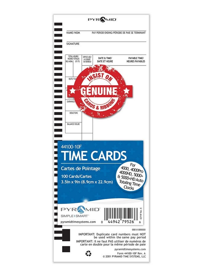 بيراميد تايم سيستمس 4410010F بطاقات الوقت الإنجليزية والفرنسية الأصلية والأصيلة لنماذج الهرم 4000 4000Prok 4000Hd 4000Pro 5000 و5000Hd ساعات 100 حزمة بطاقات الوقت - Image 1