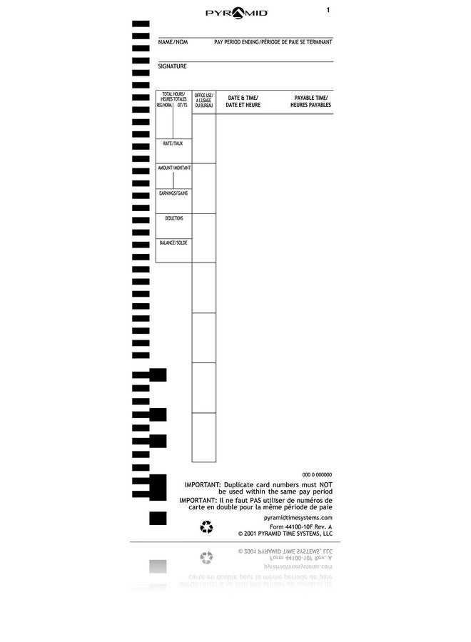 بيراميد تايم سيستمس 4410010F بطاقات الوقت الإنجليزية والفرنسية الأصلية والأصيلة لنماذج الهرم 4000 4000Prok 4000Hd 4000Pro 5000 و5000Hd ساعات 100 حزمة بطاقات الوقت - Image 3