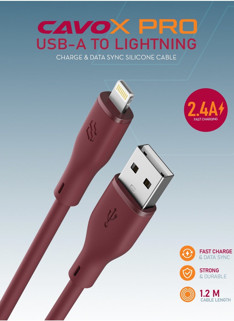 Moxedo - Moxedo CavoX Pro USB-A to Lightning Silicone Cable 2.4A Fast Charge and Data Sync Compatible for iPhone 14/14Pro/13/13Pro/12/11/11Pro/11Max/ X/XS/XR/XS Max/8, iPad (Moroon, 1.2m) - Image 1
