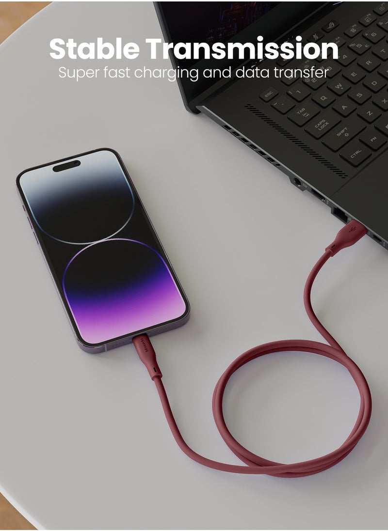 Moxedo - Moxedo CavoX Pro USB-A to Lightning Silicone Cable 2.4A Fast Charge and Data Sync Compatible for iPhone 14/14Pro/13/13Pro/12/11/11Pro/11Max/ X/XS/XR/XS Max/8, iPad (Moroon, 1.2m) - Image 1