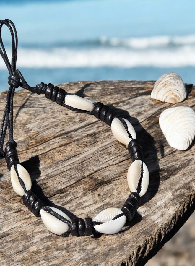 BlueRica Cowrie Shells Anklet Bracelet on Black Cord with Black Wood Beads - Image 4
