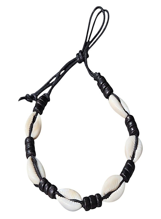 BlueRica Cowrie Shells Anklet Bracelet on Black Cord with Black Wood Beads - Image 1