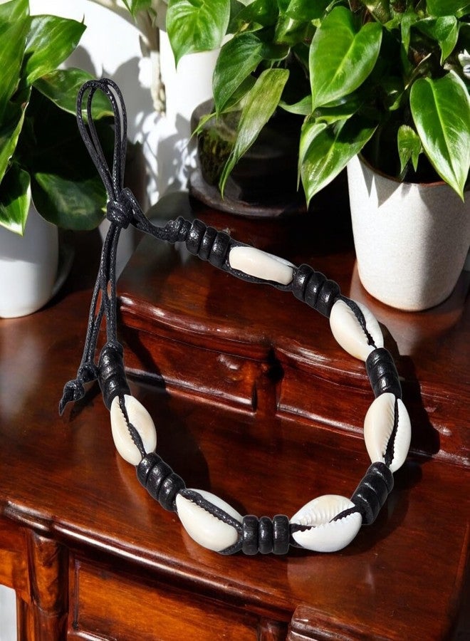 BlueRica Cowrie Shells Anklet Bracelet on Black Cord with Black Wood Beads - Image 5