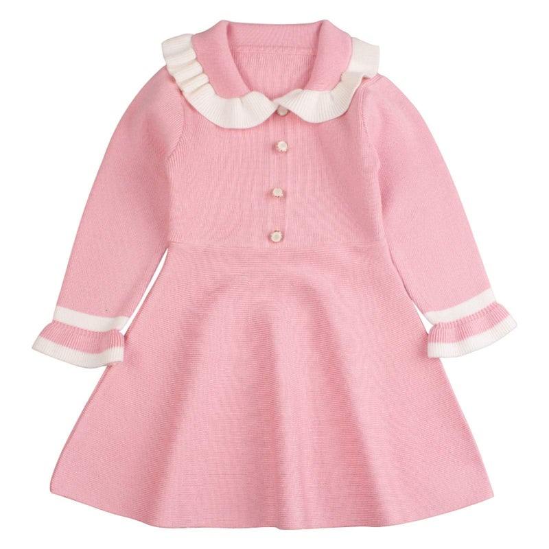 Peecabe Ruffles Toddler Girls Sweater Dress Soft Warm Long Sleeve V-Neck 2-6T Knitted Dress for Fall Winter (Pink, 5T) - Image 1