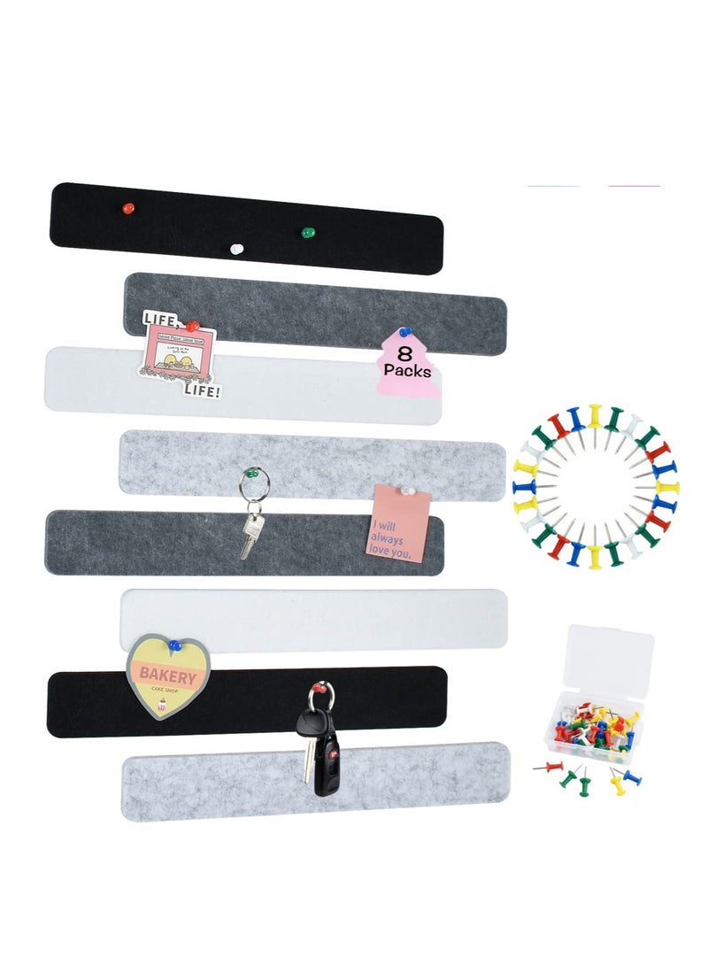 SYOSI 8Pcs Black White Grey Cork Board Bar Strips with 50 Pushpins & Sticky Notes, Self-Adhesive Bulletin Board Strips No Damage for Wall, Felt Pin Board for Paste Notes, Photos, Office Decor  - Image 1