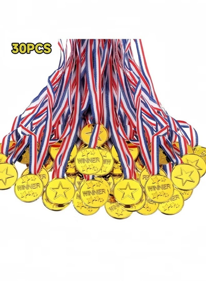 30-Piece Kids Plastic Winner Medals with Ribbon, Winner Award Medals for Kids Sports Awards, Games Competitions, Prizes, Party Favors and Decorations (Gold) - Image 1