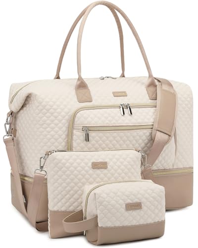 CLOKARS Weekender Bags for Women, Travel Duffle Bag Carry On Overnight Bag with Cosmetics Bag and Crossbody Purse for Gym Hospital, Gifts for Women, Beige Camel - Image 1