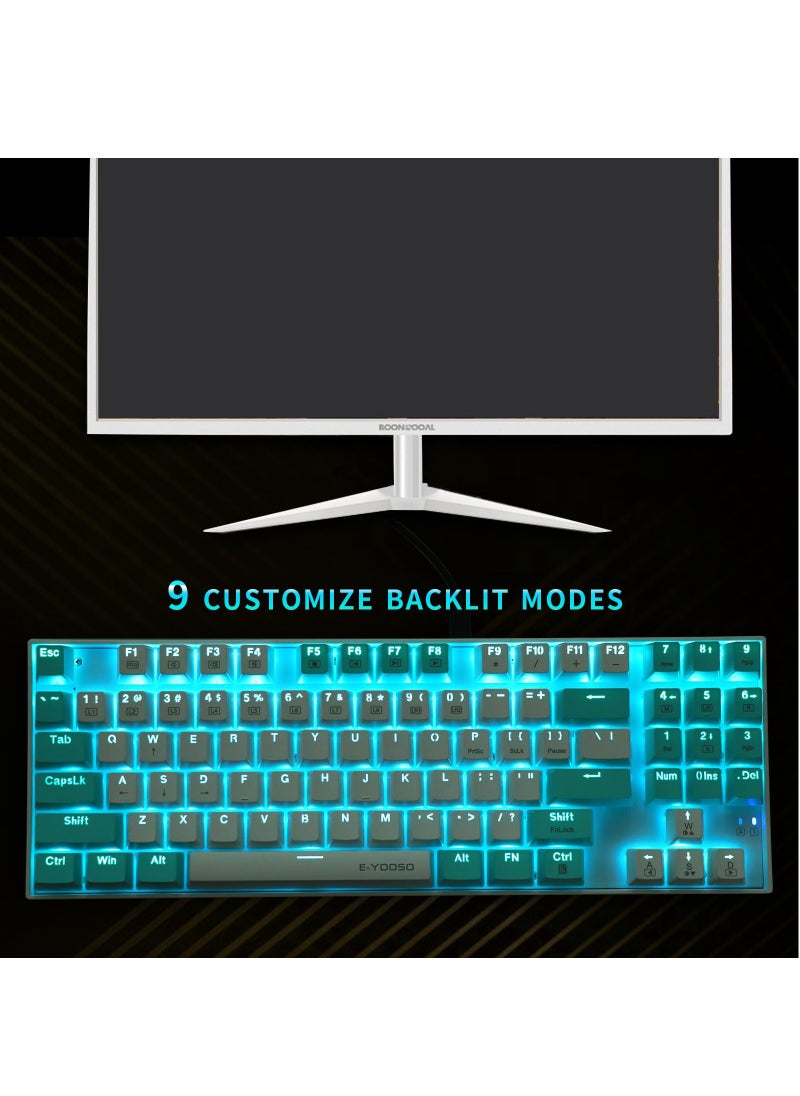 E-YOOSO - 89 Keys Gaming Keyboard, Wired Compact Red Switch Mechanical Keyboard, with Ice Blue Backlit, Number Pad for Windows/Mac/Laptop/PC , Blue/White - Image 1