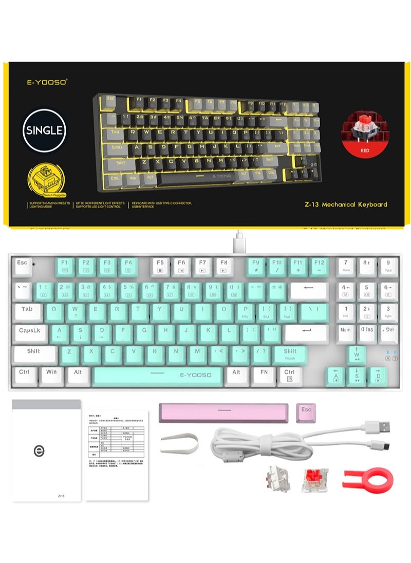 E-YOOSO - 89 Keys Gaming Keyboard, Wired Compact Red Switch Mechanical Keyboard, with Ice Blue Backlit, Number Pad for Windows/Mac/Laptop/PC , Blue/White - Image 1