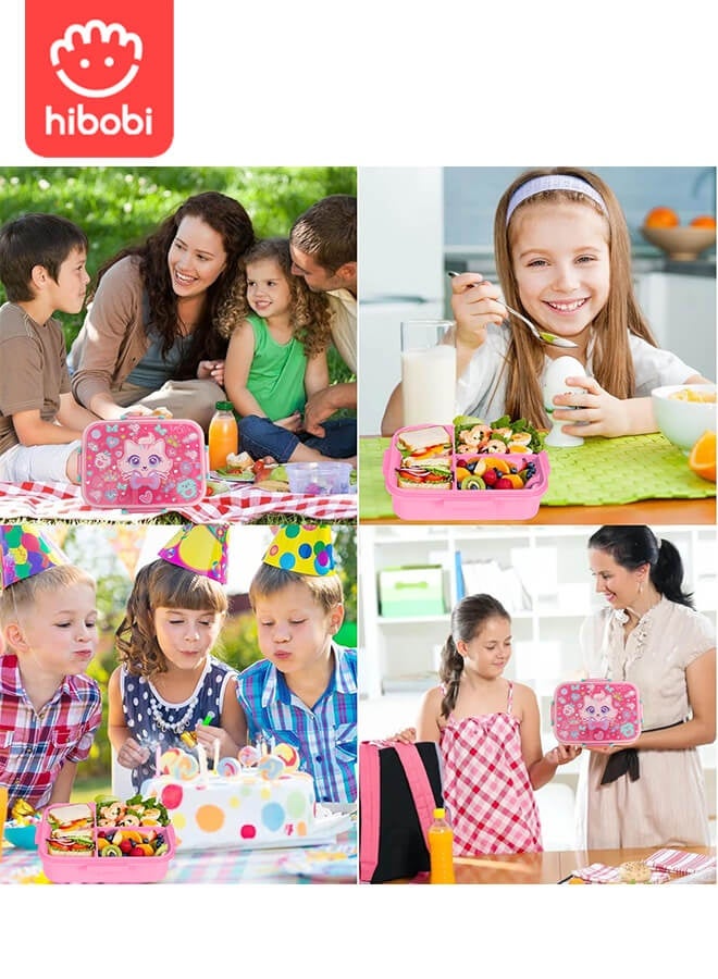 hibobi Kids Cute Cat Lunch Box 3-Compartment Leak-Proof Bento Box Food-Grade PP Microwave Dishwasher Safe Portable Handle 1200ml Capacity Back-to-School Birthday Gift for Girls Ages 3-10 Everyday Use - Image 5