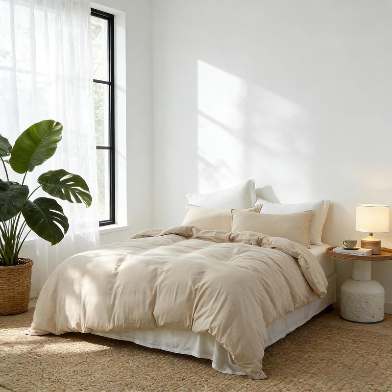 Simple&Opulence Duvet Cover Set 100% Washed Cotton Comfy Soft Breathable Cozy Textured Solid Color Comforter Cover for All Seasons Bedding Sets, Khaki Double 200x200cm - Image 4