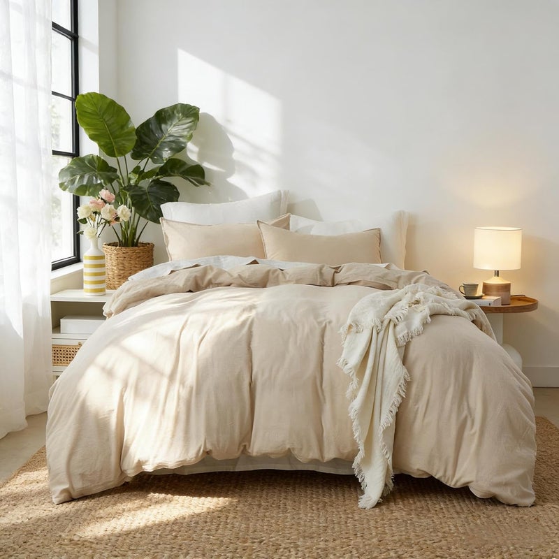 Simple&Opulence Duvet Cover Set 100% Washed Cotton Comfy Soft Breathable Cozy Textured Solid Color Comforter Cover for All Seasons Bedding Sets, Khaki Double 200x200cm - Image 2