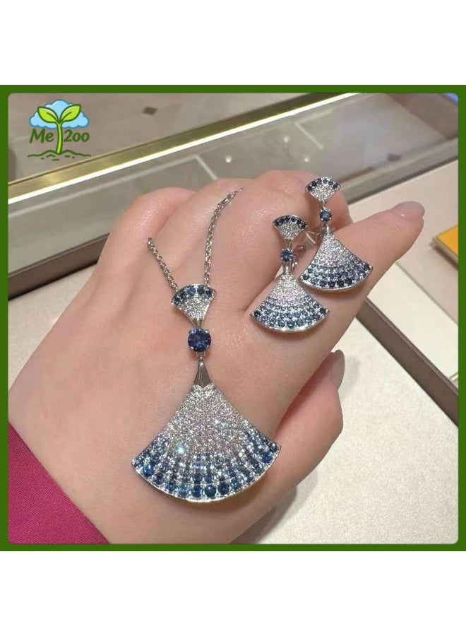 Gradient Blue Zircon Fan Necklace & Earring Set, Luxury Full Pave Skirt Pendant Jewelry 2-Piece Set for Women Party & Daily Commute - Image 1