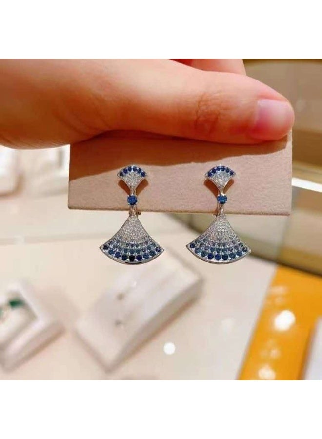 Gradient Blue Zircon Fan Necklace & Earring Set, Luxury Full Pave Skirt Pendant Jewelry 2-Piece Set for Women Party & Daily Commute - Image 3