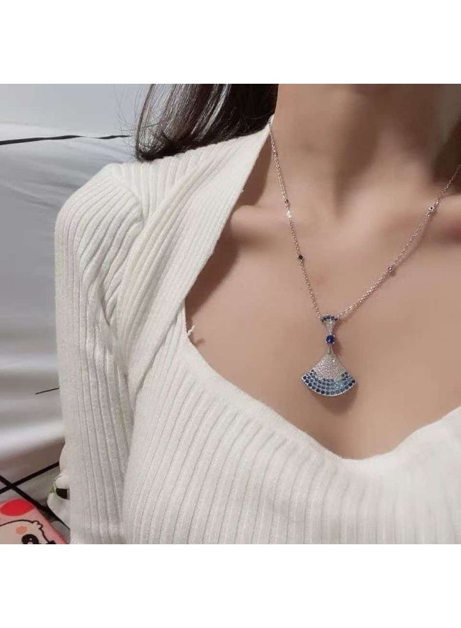 Gradient Blue Zircon Fan Necklace & Earring Set, Luxury Full Pave Skirt Pendant Jewelry 2-Piece Set for Women Party & Daily Commute - Image 5