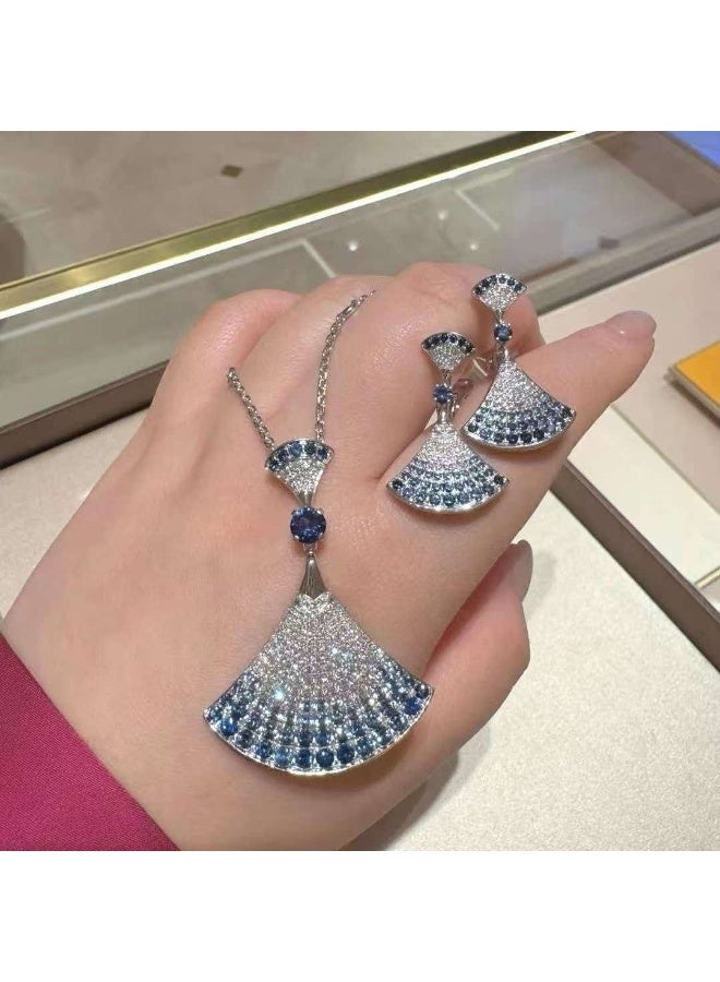 Gradient Blue Zircon Fan Necklace & Earring Set, Luxury Full Pave Skirt Pendant Jewelry 2-Piece Set for Women Party & Daily Commute - Image 2