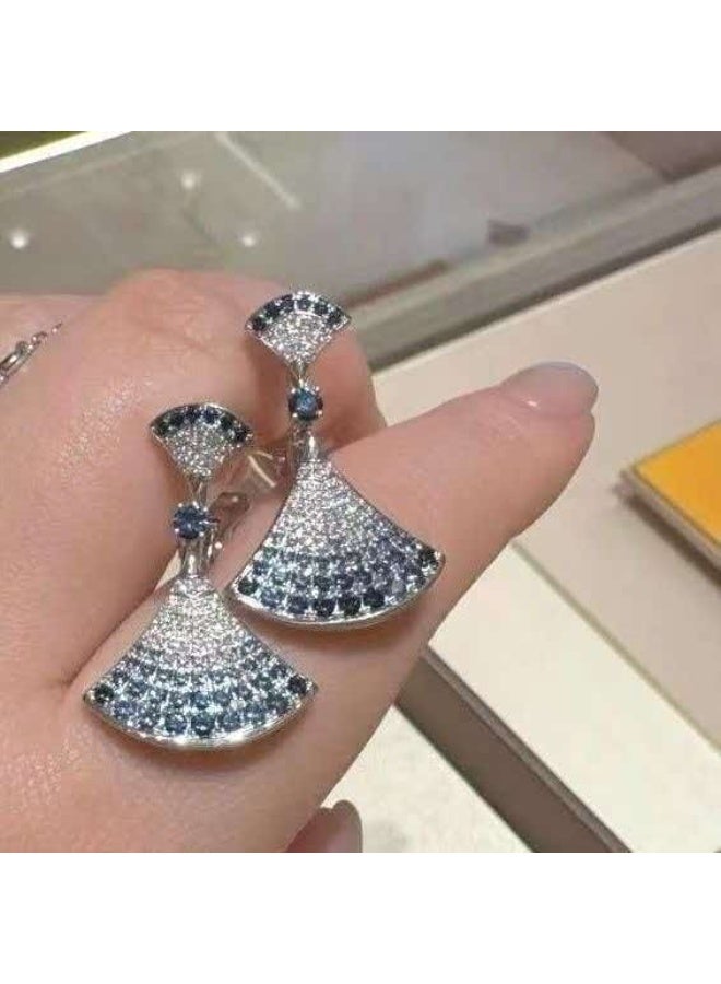 Gradient Blue Zircon Fan Necklace & Earring Set, Luxury Full Pave Skirt Pendant Jewelry 2-Piece Set for Women Party & Daily Commute - Image 4