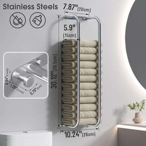 Danpoo Towel Racks for Bathroom Wall Mounted Towel Storage Organizer Stainless Steel Bath Towels Holder for Rolled Towels with 2 Hooks Brushed Silver - Image 3