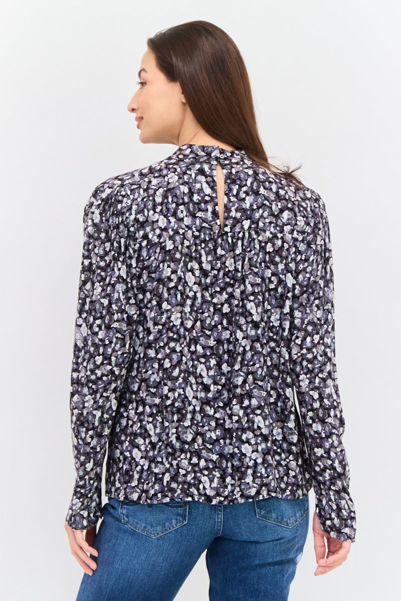 Pepe Jeans Women Mock Neck Long Sleeves Allover Print Blouse, Black Combo - Image 3