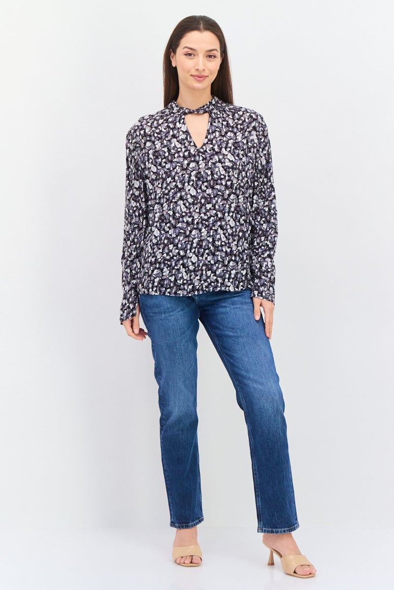 Pepe Jeans Women Mock Neck Long Sleeves Allover Print Blouse, Black Combo - Image 4