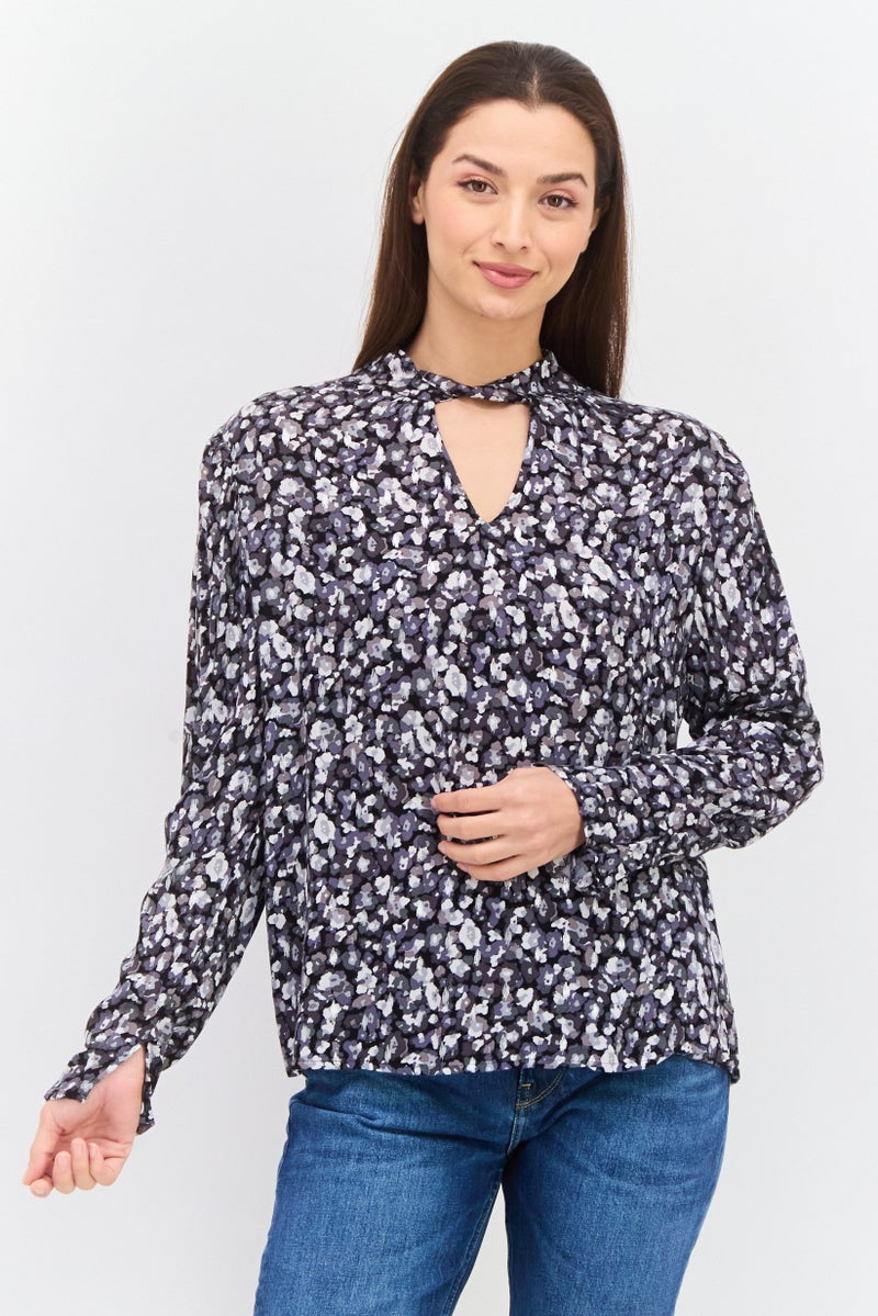 Pepe Jeans Women Mock Neck Long Sleeves Allover Print Blouse, Black Combo - Image 1