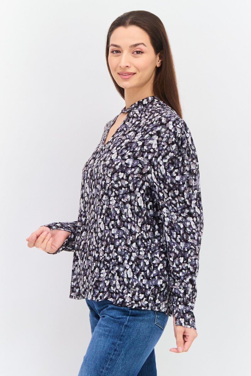 Pepe Jeans Women Mock Neck Long Sleeves Allover Print Blouse, Black Combo - Image 2