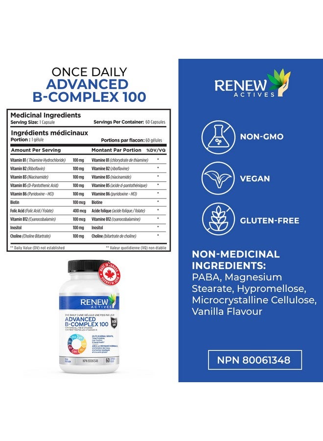 Renew Actives Vitamin B Complex 100: فيتامينات ب1، ب2، ب3، ب5، ب6، وب12 يوميًا للنمو الطبيعي، وتكوين خلايا الدم الحمراء، ووظائف الكبد، واستقلاب الطاقة - يساعد في الحفاظ على صحة متوازنة - 60 كبسولة