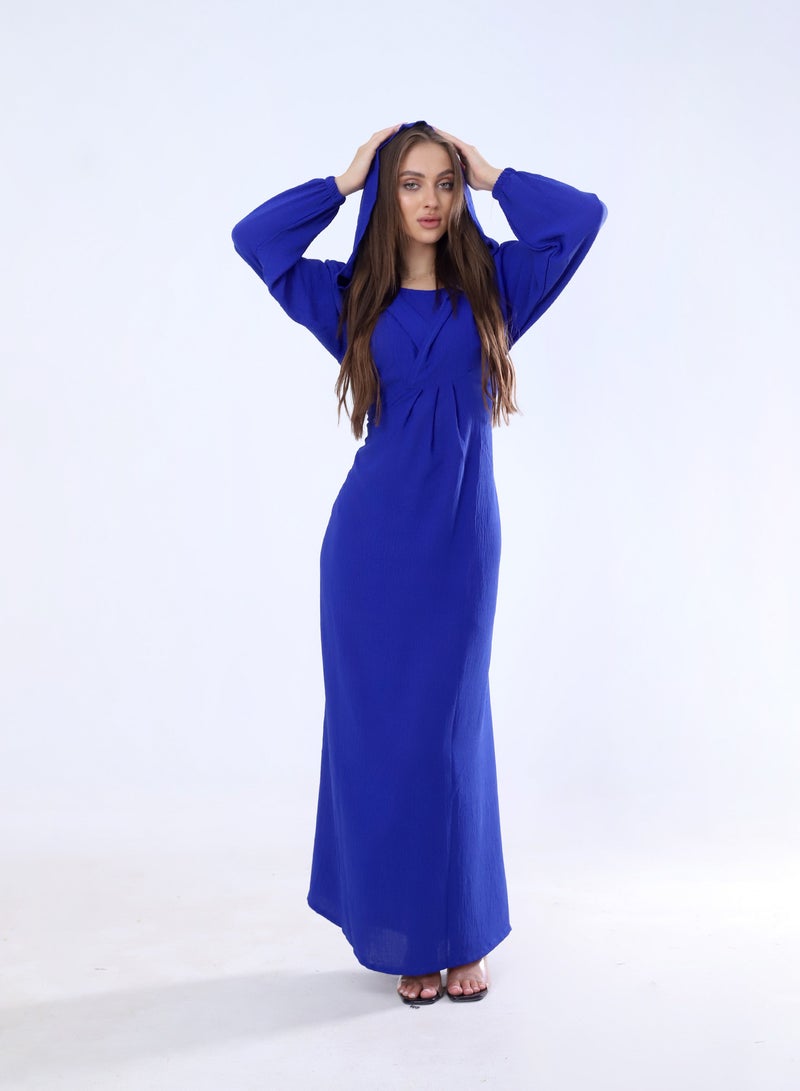 BEBO Plain long dress with hood and belt, free size, fits from 60 to 85 kg approximately_Blue  - Image 1