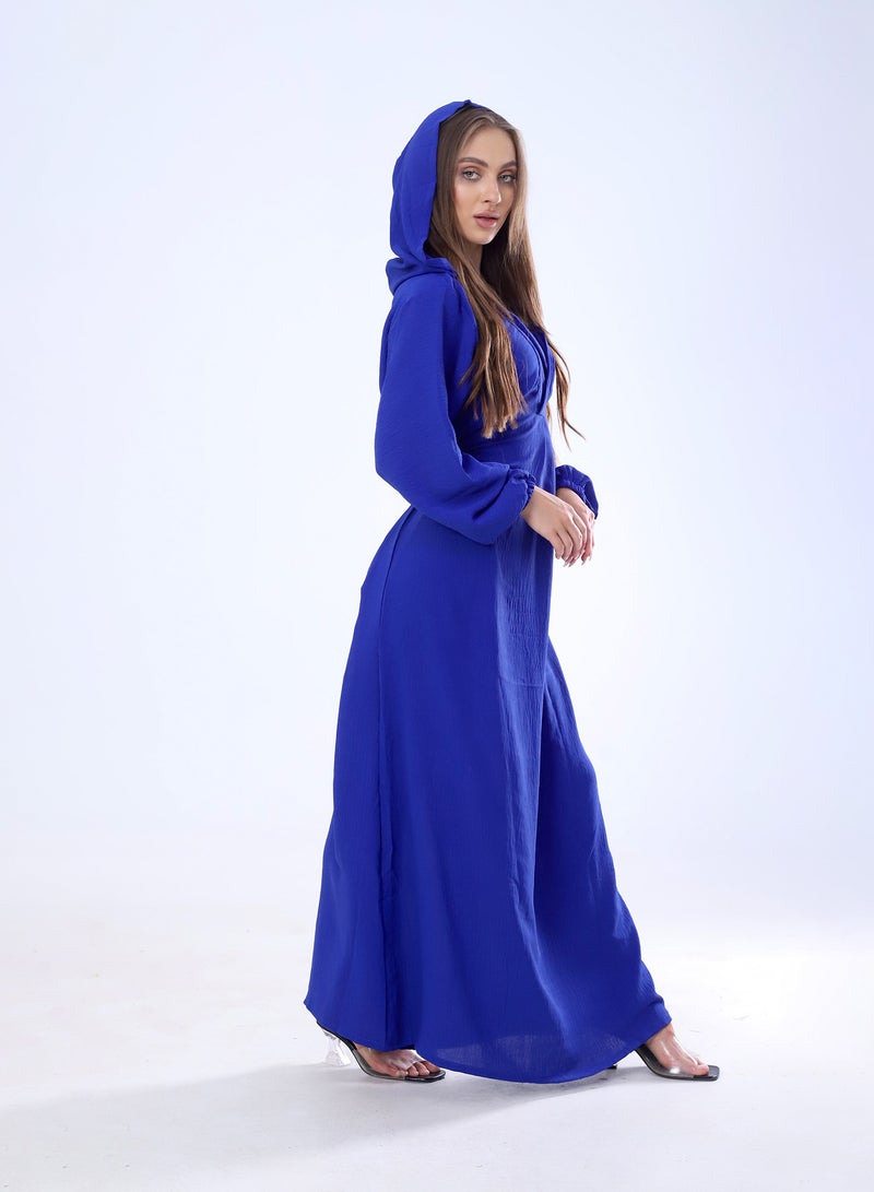 BEBO Plain long dress with hood and belt, free size, fits from 60 to 85 kg approximately_Blue  - Image 3