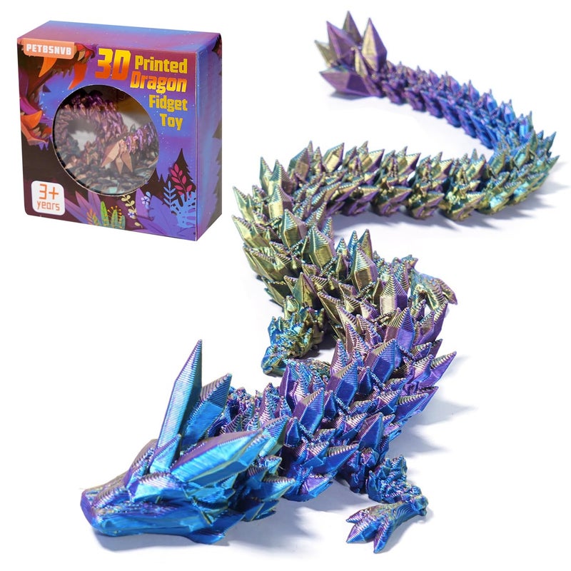 PETBSNVB Three Color 12" 3D Printed Dragon, Articulated Dragon, Crystal Dragon, Dragon Fidget Toy, Home Office Decor Executive Desk Toy (Blue Head) - Image 1