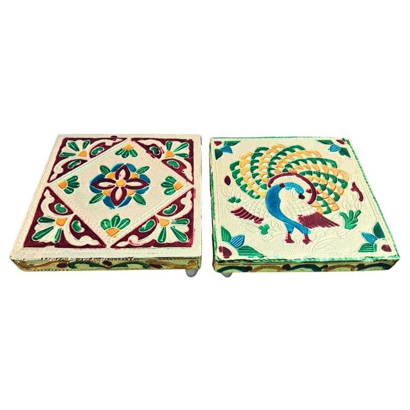 AANIJLAB Handicraft Meenakari Wooden Puja Chowki Bajot Size 5 inch for Home Office Decor Multicolour 55 inch Set 2  - Image 3